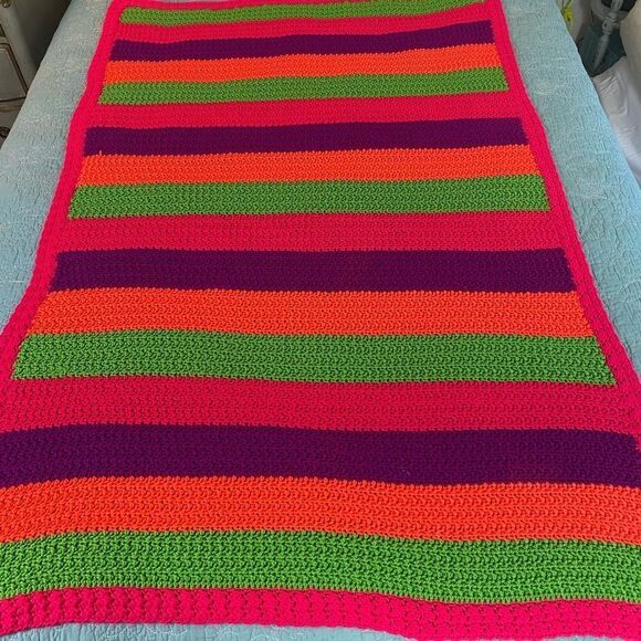 Vibrant Striped Crochet Blanket Afghan throw Retro neon striped - Picture 3 of 5